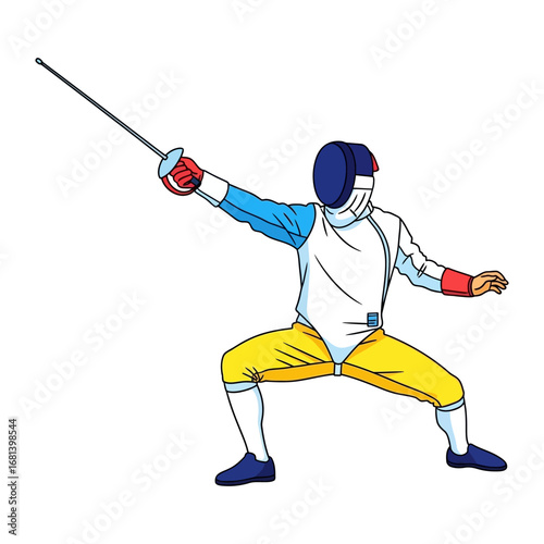 Fencer in Action: A fencer, dressed in protective gear, strikes a pose with a sword in hand, showcasing the grace and precision of the sport. 