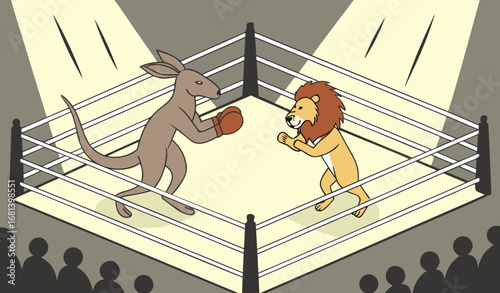 A kangaroo boxing with Lion in a professional boxing ring, bright spotlights, cheering crowd, cinematic action shot, humorous and ultra-realistic."