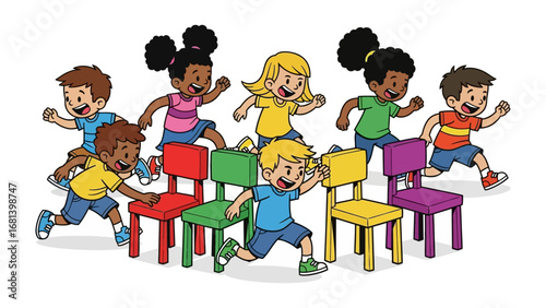 Musical Chairs: A group of kids races around colorful chairs in an energetic game of musical chairs, embodying the spirit of friendly competition and childhood fun.