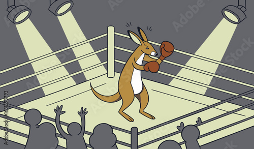 A kangaroo boxing in a professional boxing ring, bright spotlights, cheering crowd, cinematic action shot, humorous and ultra-realistic."