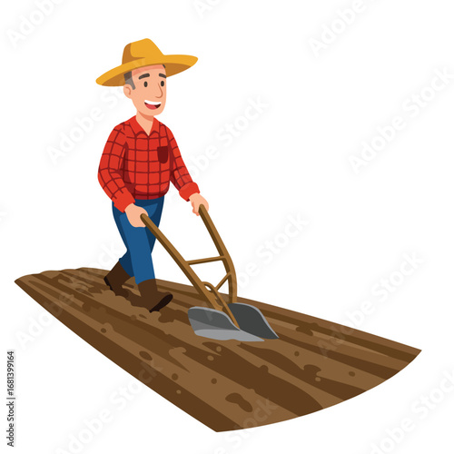 Farmer Plowing Soil Using a Hand Plow in Field