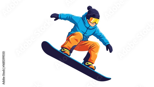 Snowboarder Airborne: A skilled snowboarder is captured mid-air against a clean background, embodying the thrill of winter sports and action-packed adventure.