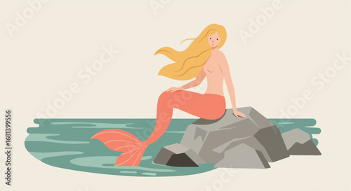 Mermaid Sitting Calmly on Coastal Rock Outcrop Amidst Gentle Waters