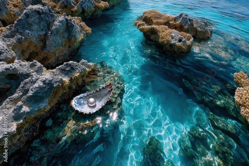 Diving into crystal clear waters to explore a pearl oyster among coral rocks