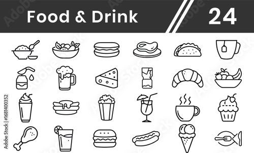 Food and Drink Line icon set for web. Linear icon collection vegetables, fruits, desserts, meat, baked goods, drinks, and more. Isolated on white. Vector illustration in thin line style