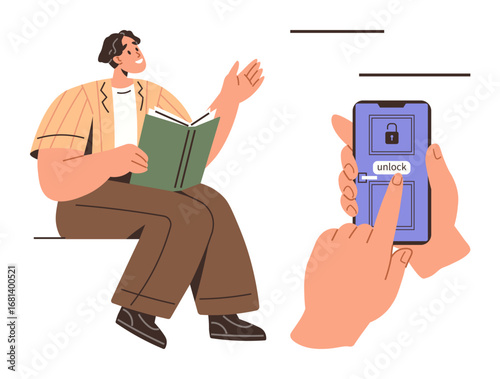 Person holding a book while sitting, other hand unlocking a phone screen. Ideal for learning, technology, education, multitasking, digital access, reading habits modern lifestyle. Simple flat