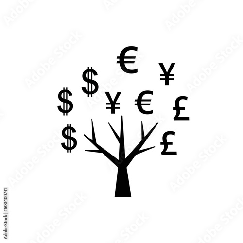 Download this simple vector art of a tree with USD, EUR, JPY, and GBP leaves. An isolated icon for symbolizing global growth, finance, and economic themes.