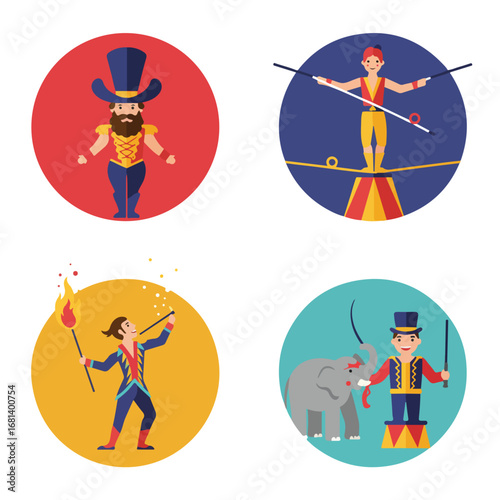 Performers show stunts with elephant and fire at Circus in Vector Graphics
