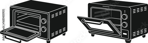 Two black and white illustrations of toaster ovens one with door open