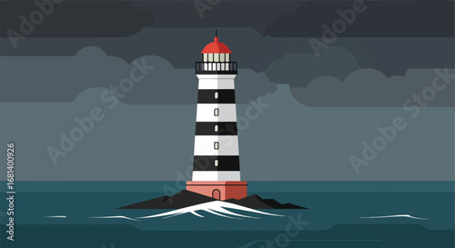 Lighthouse stands on an island under stormy skies above the water