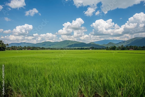 Scenic rural landscape featuring lush rice paddies and distant mountains beneath a clear blue sky