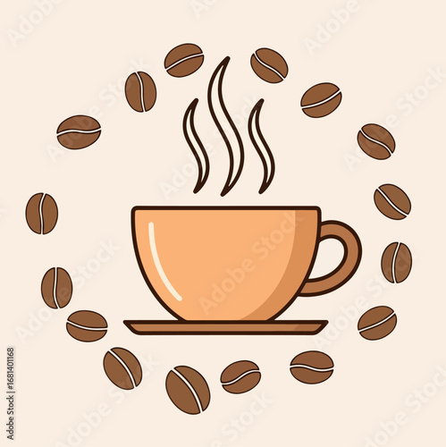 A steaming cup of coffee on a saucer, surrounded by scattered coffee beans, on a light beige background