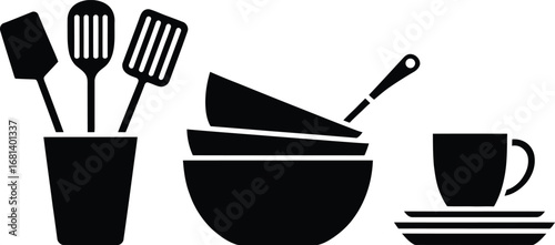 Black silhouette of kitchen utensils bowls and a cup on a white background
