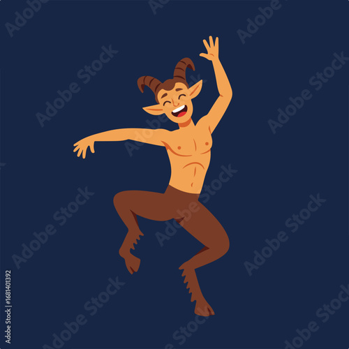 Satyr Rejoices Happily Against a Dark Blue Background, Raising Arms