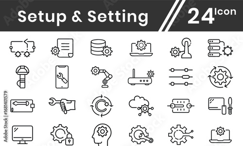 Setting & Setup thin line icon set. Contains options, configuration, technology, process, maintenance, installation, engineering, mechanism, customization, optimization. Vector illustration