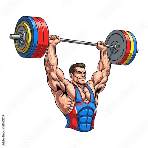 Weightlifter’s Power: A muscular weightlifter showcases incredible strength by hoisting a barbell overhead, demonstrating dedication and peak physical fitness.