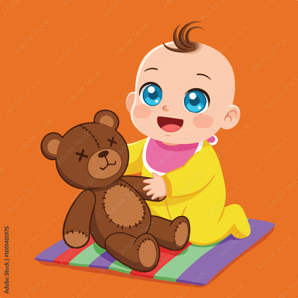 Obraz premium Baby Hugging Teddy Bear Toy on a Mat