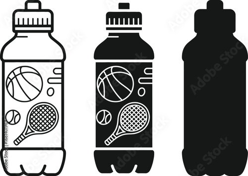 Three sports water bottles with tennis and basketball graphics and a silhouette