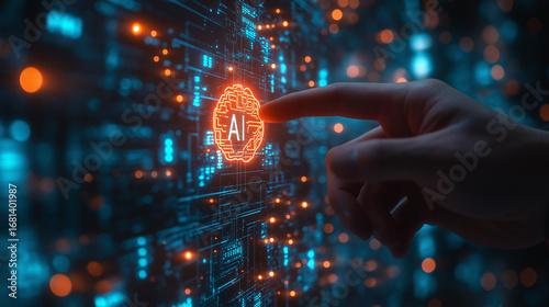 Artificial IntelligenceHuman finger reaches for glowing AI symbol embedded in a futuristic digital circuit board. Concept of innovation, control and technological evolution.