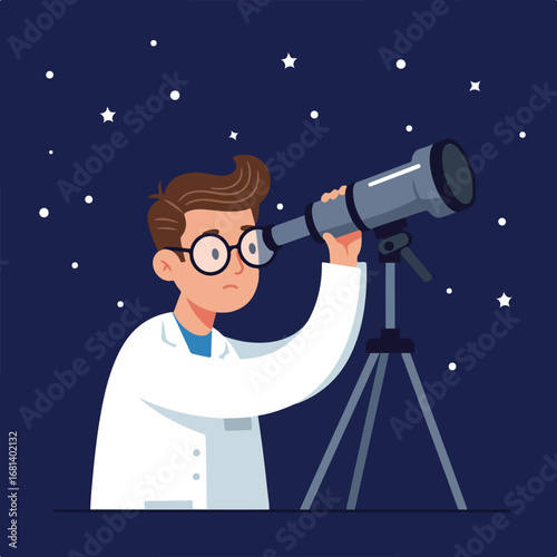 Scientist looks through Telescope at Night Sky