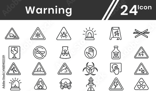 Warning line icon set. Containing alert, Alert, caution, danger, error, caution, danger, error, hazard, notification, attention sign, exclamation mark, stop, notice and more. Editable line icons.