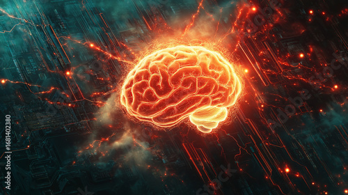 Glowing digital brain floating above a futuristic microchip Artificial intelligence computer technology