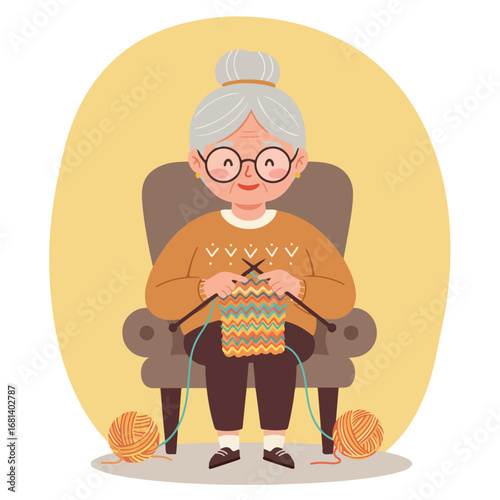 , keywords, and category suggestion

 Granny Knitting in Armchair at Home