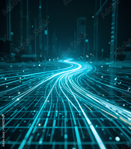 Glowing Digital Road Concept with Moving AI Streaming Data