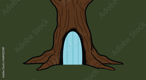 Tree trunk hiding blue door in a green yard, forest cartoon illustration