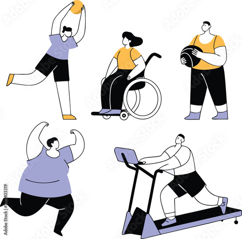 Diverse people engaged in adaptive fitness activities including wheelchair sports and treadmill exercise.