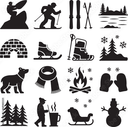 Winter sports and activities icons and symbols silhouette collection activity skiing