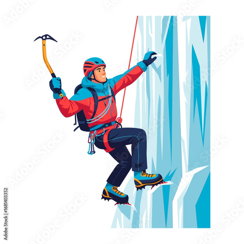 Ice Climbing Adventure: A determined ice climber conquers a frozen wall, his ascent marked by precision, strength, and the allure of nature's icy challenge.