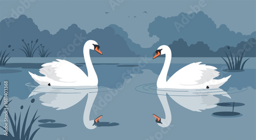 Two white swans swimming on a serene lake surrounded by stylized nature scene