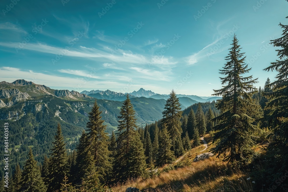 Obraz premium Hiking the Alpine Path under Clear Skies in Summer