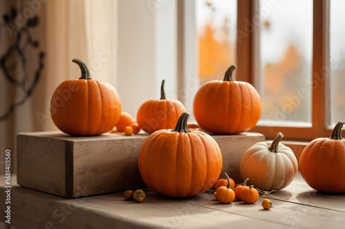 Minimalist Halloween Still Life with Small Orange Pumpkins on Wooden Table