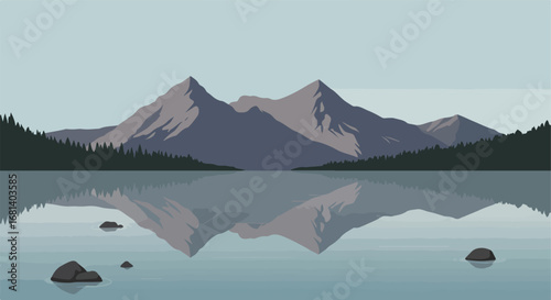 Mountains Reflecting in Serene Lake Amidst Forest Trees, Still Waters