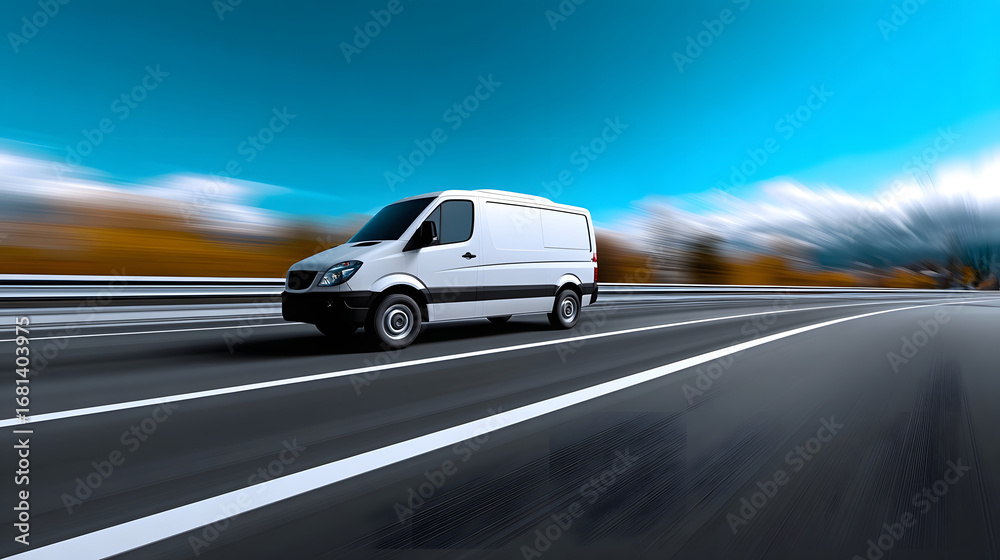 Fototapeta premium A white commercial delivery van moving quickly down a blurred highway, showcasing the speed and efficiency of modern transportation and logistics