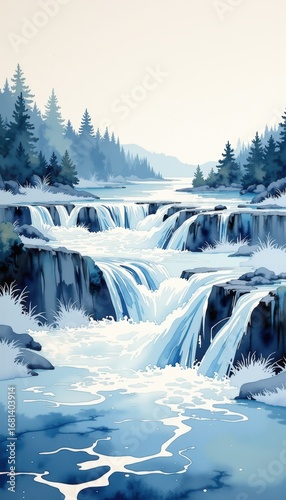 Majestic waterfall cascading through a lush forest, tranquil nature painting serene