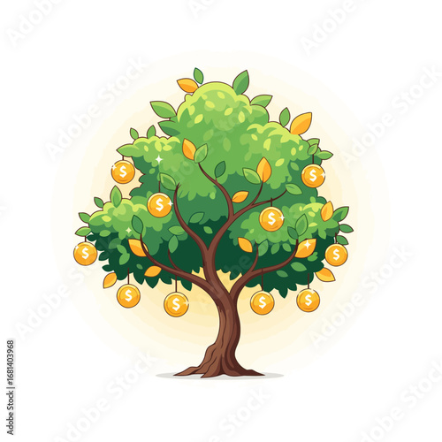 Download this whimsical, glowing money tree vector art. Ideal for microstock, this isolated icon symbolizes magical prosperity and financial success.
