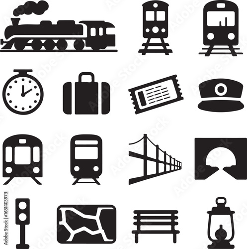 Train travel transportation icons and symbols silhouette collection railway journey