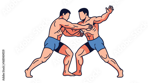 Wrestling Match: Two determined wrestlers in an animated scene grapple in a display of strength, athleticism, and the competitive spirit of sport.