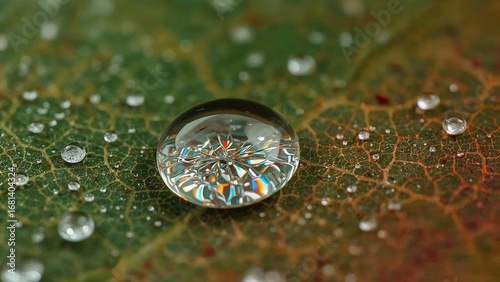 A single water droplet acts as a lens on a leaf's veins, showcasing the rainbow spectrum in ultra close-up.