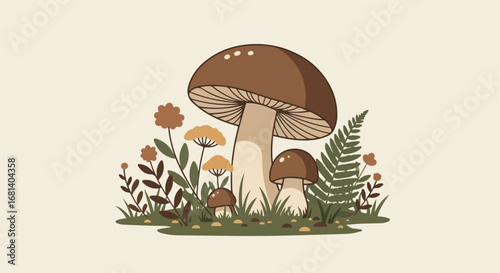 Mushrooms Growing amongst Ferns and Flowers in the Forest