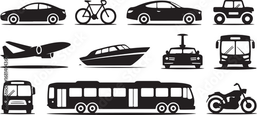 Collection of black silhouette transportation vehicles and modes of travel vector