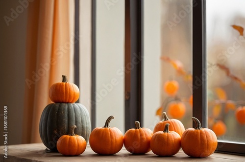 Minimalist Halloween Still Life with Orange Pumpkins on Wooden Table