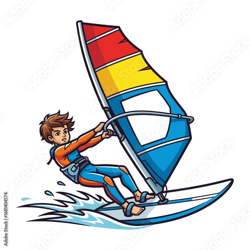 Windsurfer at the Edge of Adventure: A dynamic and vibrant illustration of a windsurfer expertly maneuvering a board on the water. A celebration of speed and skill in watersports.
