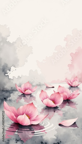 Serene pink lotus flowers blooming on tranquil water with a soft cloudy sky background