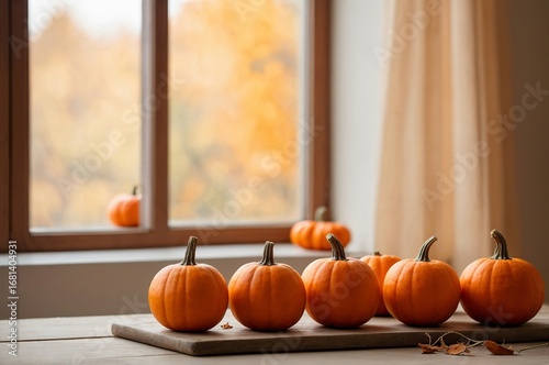 Minimalist Halloween Still Life with Small Orange Pumpkins on Wooden Table