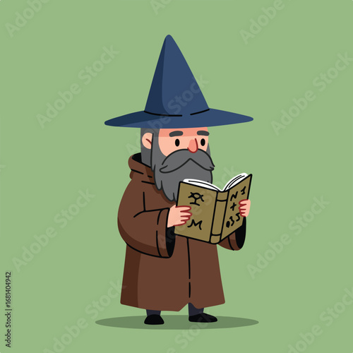 , keywords, and category for the image

 Wizard Reads Magical Book in an Unspecified Location (Illustration)