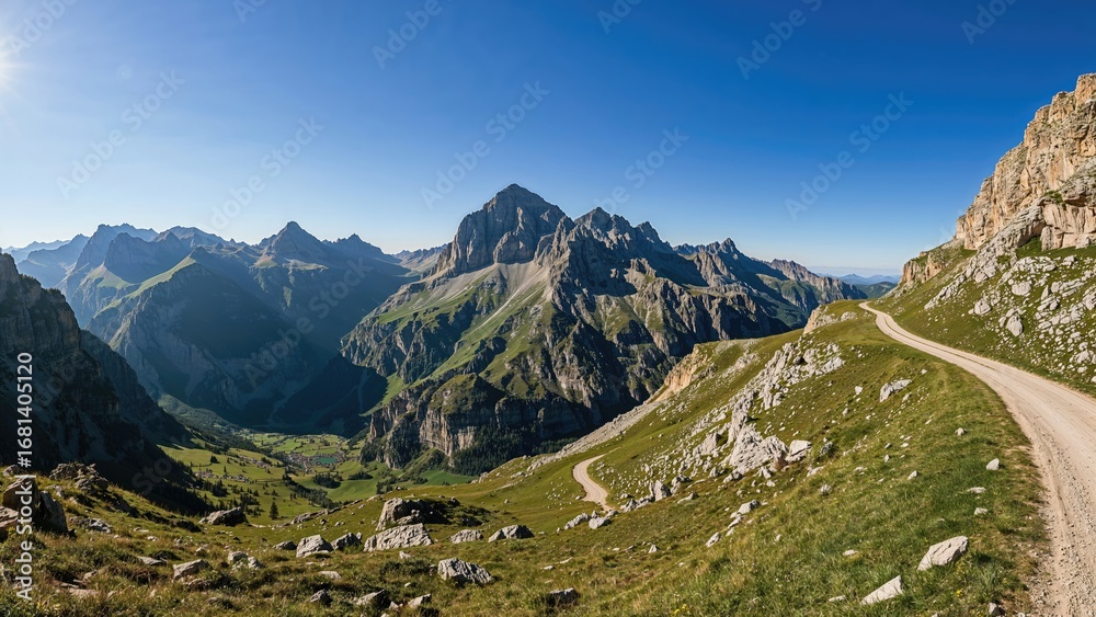 Obraz premium Vista of untamed mountain ridges viewed from an unpaved road heading to a countryside village and an adjacent peak in the highlands